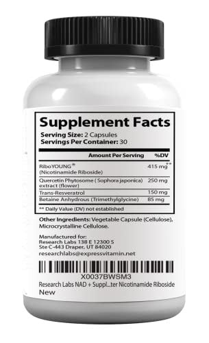Research Labs NAD+ Supplement 2er-Pack mit patentierter RiboYOUNG™-Formel – NRF2-Aktivator, Nicotinamid-Ribosid, Quercetin, Resveratrol, Betain – Anti-Aging NAD-Supplement, 60 Kapseln