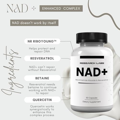 Research Labs NAD+ Supplement 2er-Pack mit patentierter RiboYOUNG™-Formel – NRF2-Aktivator, Nicotinamid-Ribosid, Quercetin, Resveratrol, Betain – Anti-Aging NAD-Supplement, 60 Kapseln