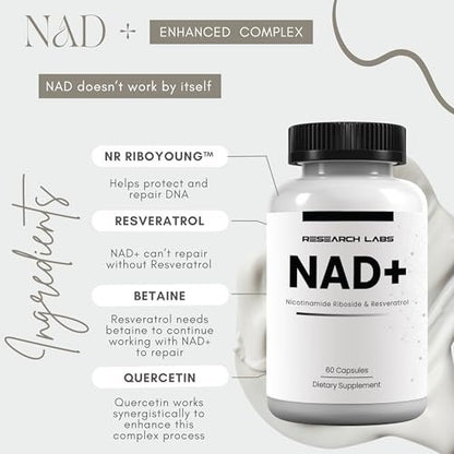 Research Labs NAD+ Supplement 2er-Pack mit patentierter RiboYOUNG™-Formel – NRF2-Aktivator, Nicotinamid-Ribosid, Quercetin, Resveratrol, Betain – Anti-Aging NAD-Supplement, 60 Kapseln