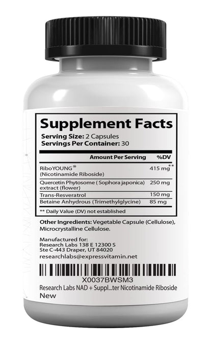 Research Labs NAD+ Supplement 2er-Pack mit patentierter RiboYOUNG™-Formel – NRF2-Aktivator, Nicotinamid-Ribosid, Quercetin, Resveratrol, Betain – Anti-Aging NAD-Supplement, 60 Kapseln