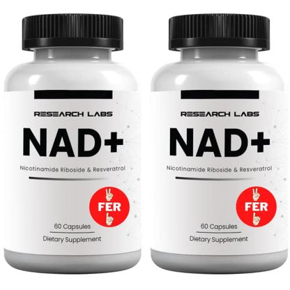 Research Labs NAD+ Supplement 2er-Pack mit patentierter RiboYOUNG™-Formel – NRF2-Aktivator, Nicotinamid-Ribosid, Quercetin, Resveratrol, Betain – Anti-Aging NAD-Supplement, 60 Kapseln