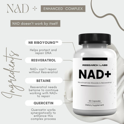 Research Labs NAD+ Supplement 2er-Pack mit patentierter RiboYOUNG™-Formel – NRF2-Aktivator, Nicotinamid-Ribosid, Quercetin, Resveratrol, Betain – Anti-Aging NAD-Supplement, 60 Kapseln