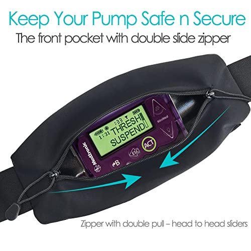 DiaBelt Insulin Pump Gürtel mit Doppel-Reißverschluss-Tasche – Medizinischer Halter für Diabetiker T1D – Verstellbarer Taillengurt – Leicht – für Schlauchpumpen, Epipen – Männer, Frauen, Erwachsene – Schwarz