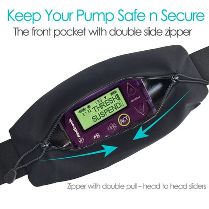 DiaBelt Insulin Pump Gürtel mit Doppel-Reißverschluss-Tasche – Medizinischer Halter für Diabetiker T1D – Verstellbarer Taillengurt – Leicht – für Schlauchpumpen, Epipen – Männer, Frauen, Erwachsene – Schwarz