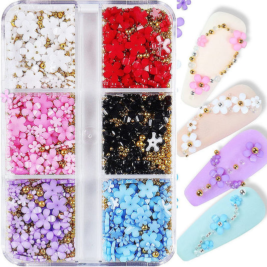 3D Blumen-Nagelverzierungen in Weiß, Rosa, Blau, Lila und Schwarz mit goldenen Perlen – Acryl-Nagelcharm für Nagelkunst-DIY
