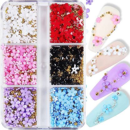 3D Blumen-Nagelverzierungen in Weiß, Rosa, Blau, Lila und Schwarz mit goldenen Perlen – Acryl-Nagelcharm für Nagelkunst-DIY
