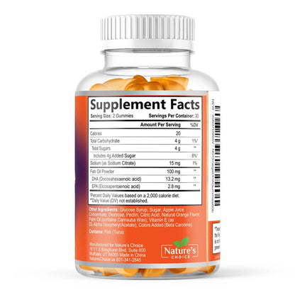 Omega-3 Fischöl Gummibärchen – Dreifache Stärke Omega-3 Gummy – DHA & EPA Fettsäuren für Herzgesundheit, Gelenk- & Gehirnunterstützung – Orangengeschmack – 60 Gummibärchen