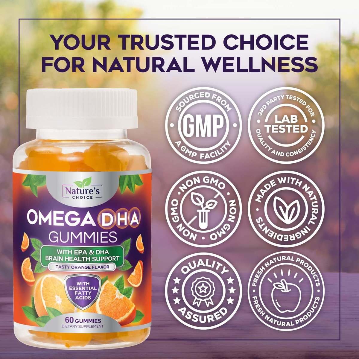 Omega-3 Fischöl Gummibärchen – Dreifache Stärke Omega-3 Gummy – DHA & EPA Fettsäuren für Herzgesundheit, Gelenk- & Gehirnunterstützung – Orangengeschmack – 60 Gummibärchen