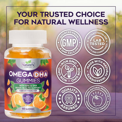 Omega-3 Fischöl Gummibärchen – Dreifache Stärke Omega-3 Gummy – DHA & EPA Fettsäuren für Herzgesundheit, Gelenk- & Gehirnunterstützung – Orangengeschmack – 60 Gummibärchen