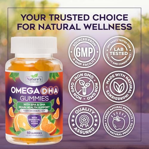 Omega-3 Fischöl Gummibärchen – Dreifache Stärke Omega-3 Gummy – DHA & EPA Fettsäuren für Herzgesundheit, Gelenk- & Gehirnunterstützung – Orangengeschmack – 60 Gummibärchen