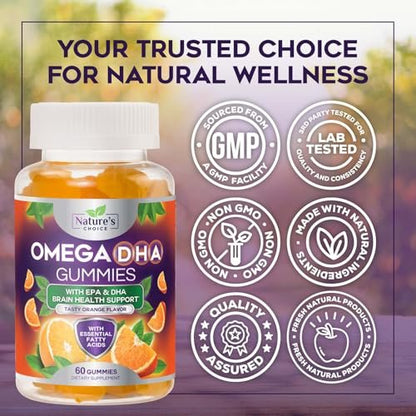 Omega-3 Fischöl Gummibärchen – Dreifache Stärke Omega-3 Gummy – DHA & EPA Fettsäuren für Herzgesundheit, Gelenk- & Gehirnunterstützung – Orangengeschmack – 60 Gummibärchen