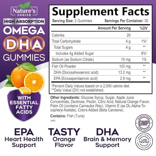 Omega-3 Fischöl Gummibärchen – Dreifache Stärke Omega-3 Gummy – DHA & EPA Fettsäuren für Herzgesundheit, Gelenk- & Gehirnunterstützung – Orangengeschmack – 60 Gummibärchen