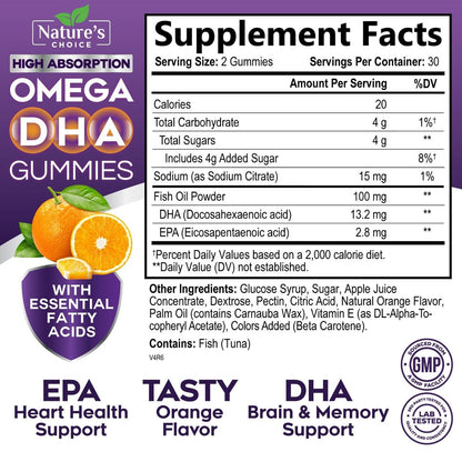 Omega-3 Fischöl Gummibärchen – Dreifache Stärke Omega-3 Gummy – DHA & EPA Fettsäuren für Herzgesundheit, Gelenk- & Gehirnunterstützung – Orangengeschmack – 60 Gummibärchen