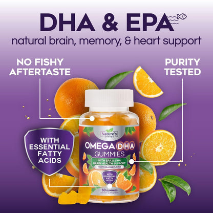 Omega-3 Fischöl Gummibärchen – Dreifache Stärke Omega-3 Gummy – DHA & EPA Fettsäuren für Herzgesundheit, Gelenk- & Gehirnunterstützung – Orangengeschmack – 60 Gummibärchen