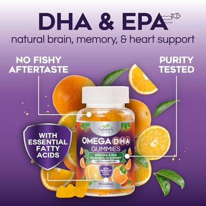 Omega-3 Fischöl Gummibärchen – Dreifache Stärke Omega-3 Gummy – DHA & EPA Fettsäuren für Herzgesundheit, Gelenk- & Gehirnunterstützung – Orangengeschmack – 60 Gummibärchen