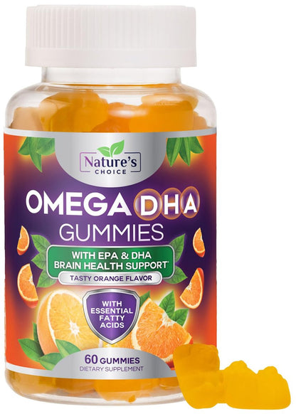 Omega-3 Fischöl Gummibärchen – Dreifache Stärke Omega-3 Gummy – DHA & EPA Fettsäuren für Herzgesundheit, Gelenk- & Gehirnunterstützung – Orangengeschmack – 60 Gummibärchen
