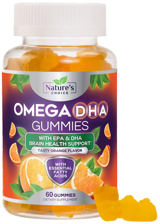 Omega-3 Fischöl Gummibärchen – Dreifache Stärke Omega-3 Gummy – DHA & EPA Fettsäuren für Herzgesundheit, Gelenk- & Gehirnunterstützung – Orangengeschmack – 60 Gummibärchen