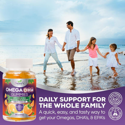 Omega-3 Fischöl Gummibärchen – Dreifache Stärke Omega-3 Gummy – DHA & EPA Fettsäuren für Herzgesundheit, Gelenk- & Gehirnunterstützung – Orangengeschmack – 60 Gummibärchen