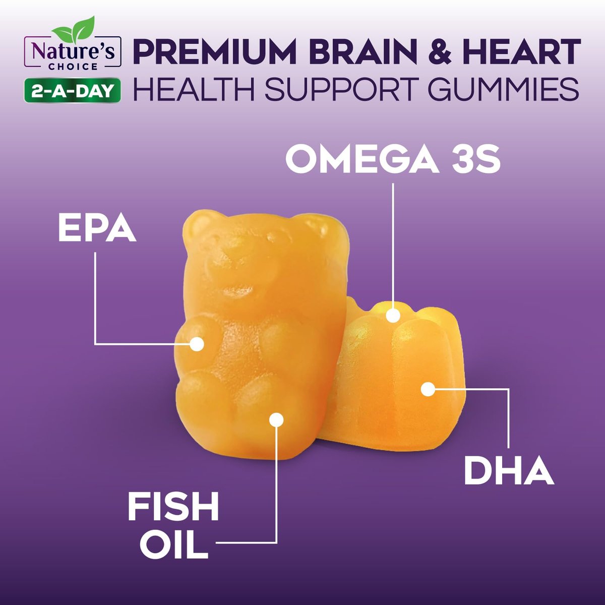 Omega-3 Fischöl Gummibärchen – Dreifache Stärke Omega-3 Gummy – DHA & EPA Fettsäuren für Herzgesundheit, Gelenk- & Gehirnunterstützung – Orangengeschmack – 60 Gummibärchen
