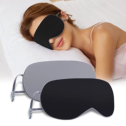 Schlafmaske 2er-Pack, Warm/Kühl Doppelseitig, Superweiche Augenmaske mit Verstellbarem Band, Lichtblockierend, Komfort Schlafmaske für Reisen Meditation Nickerchen Schwarz
