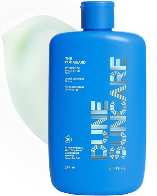 DUNE SUNCARE The Bod Guard – Ausgezeichnetes klares Invisible Gel Body Sunscreen – Breitspektrum SPF 30 Schutz, 72 Stunden Feuchtigkeit, 40 Min. wasserbeständig, riffsicher, nicht fettend (250 ml)