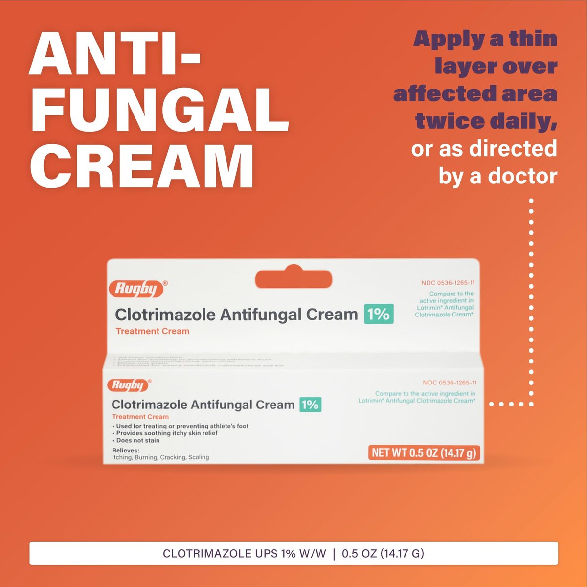 Rugby Clotrimazol Antimykotische Creme 1% - Behandlung gegen Fußpilz - Lindert Juckreiz - 0,5 Unzen (1 Packung)