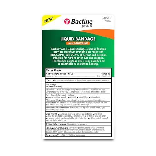 Bactine MAX Flüssiger Wundverband mit Lidocain – Wundreinigungslösung, tötet 99% der Keime, schützt und versiegelt die Haut, schnell trocknende Schutzschicht, 0,30 Fl Oz
