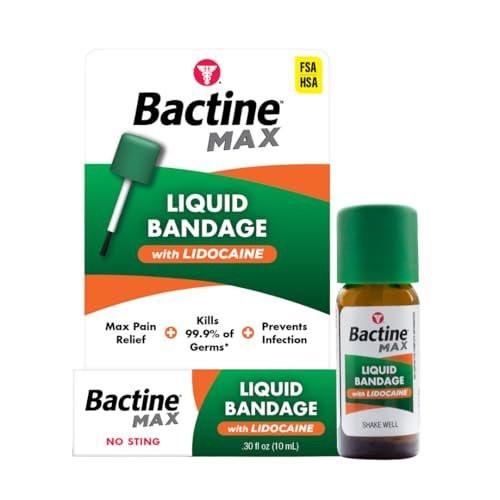 Bactine MAX Flüssiger Wundverband mit Lidocain – Wundreinigungslösung, tötet 99% der Keime, schützt und versiegelt die Haut, schnell trocknende Schutzschicht, 0,30 Fl Oz