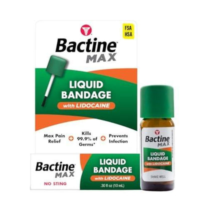 Bactine MAX Flüssiger Wundverband mit Lidocain – Wundreinigungslösung, tötet 99% der Keime, schützt und versiegelt die Haut, schnell trocknende Schutzschicht, 0,30 Fl Oz
