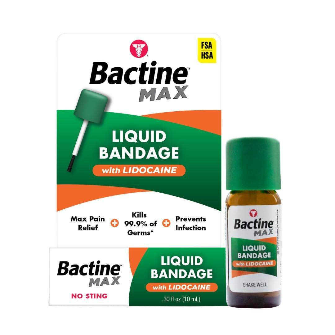 Bactine MAX Flüssiger Wundverband mit Lidocain – Wundreinigungslösung, tötet 99% der Keime, schützt und versiegelt die Haut, schnell trocknende Schutzschicht, 0,30 Fl Oz