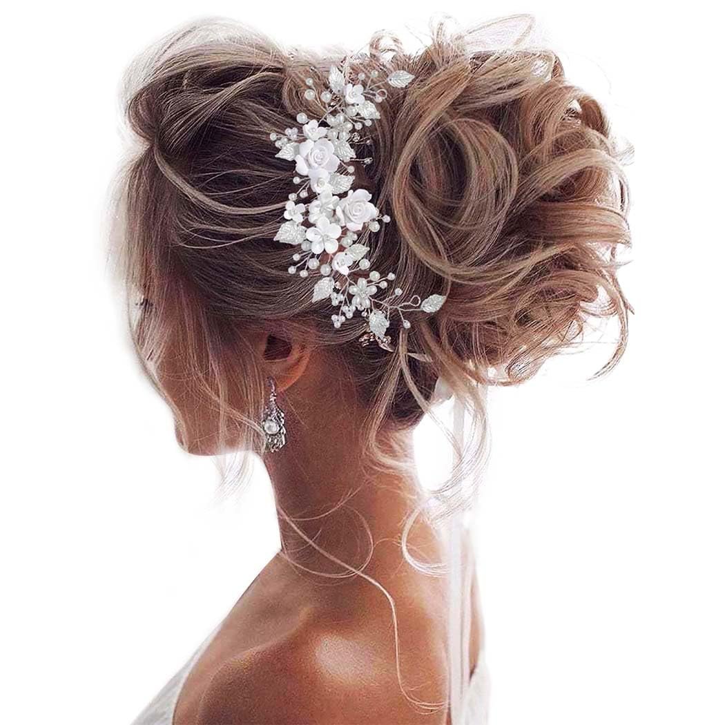 Unicra Blumen Braut Haarreif mit Perlen und Strass – Silberner Blattkranz für Hochzeit, Party & Alltag (23 cm)