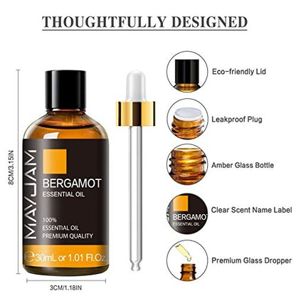 Bergamotte Ätherisches Öl, MAYJAM Premium Reines Ätherisches Öl, 100 ml Große Flasche für Diffuser, Seifen- und Kerzenherstellung, Ideal für Zuhause, Büro, Auto und Yoga