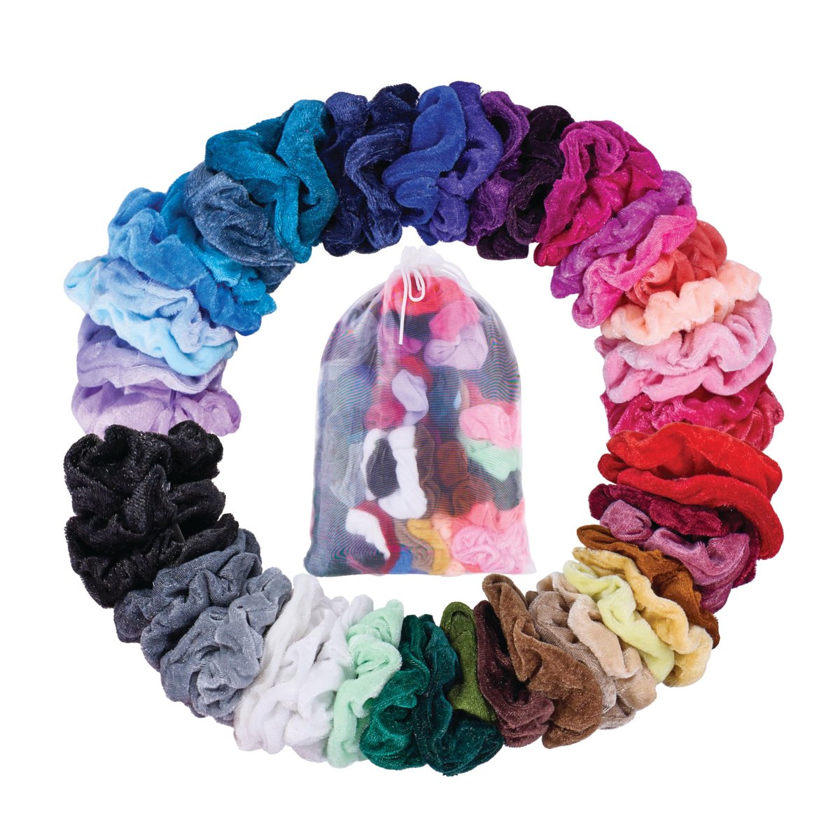 Expressions Scrunchies Set mit 50 bequemen, bunten Haargummis in praktischer Aufbewahrungstasche mit Kordelzug – Accessoires für Frauen und Mädchen, großartiger Wert, haarschonend