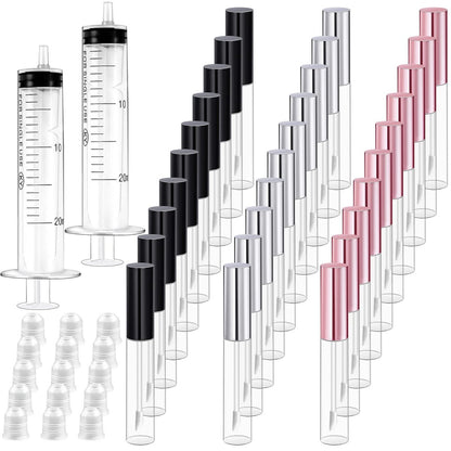 Bercoor 30er-Pack Lippenstift-Tuben, 10 ml leere nachfüllbare Lippenbalsam-Flaschen aus klarem Kunststoff mit Gummistopfen für DIY-Make-up, persönliche Kosmetik, Schwarz, Silber und Pink