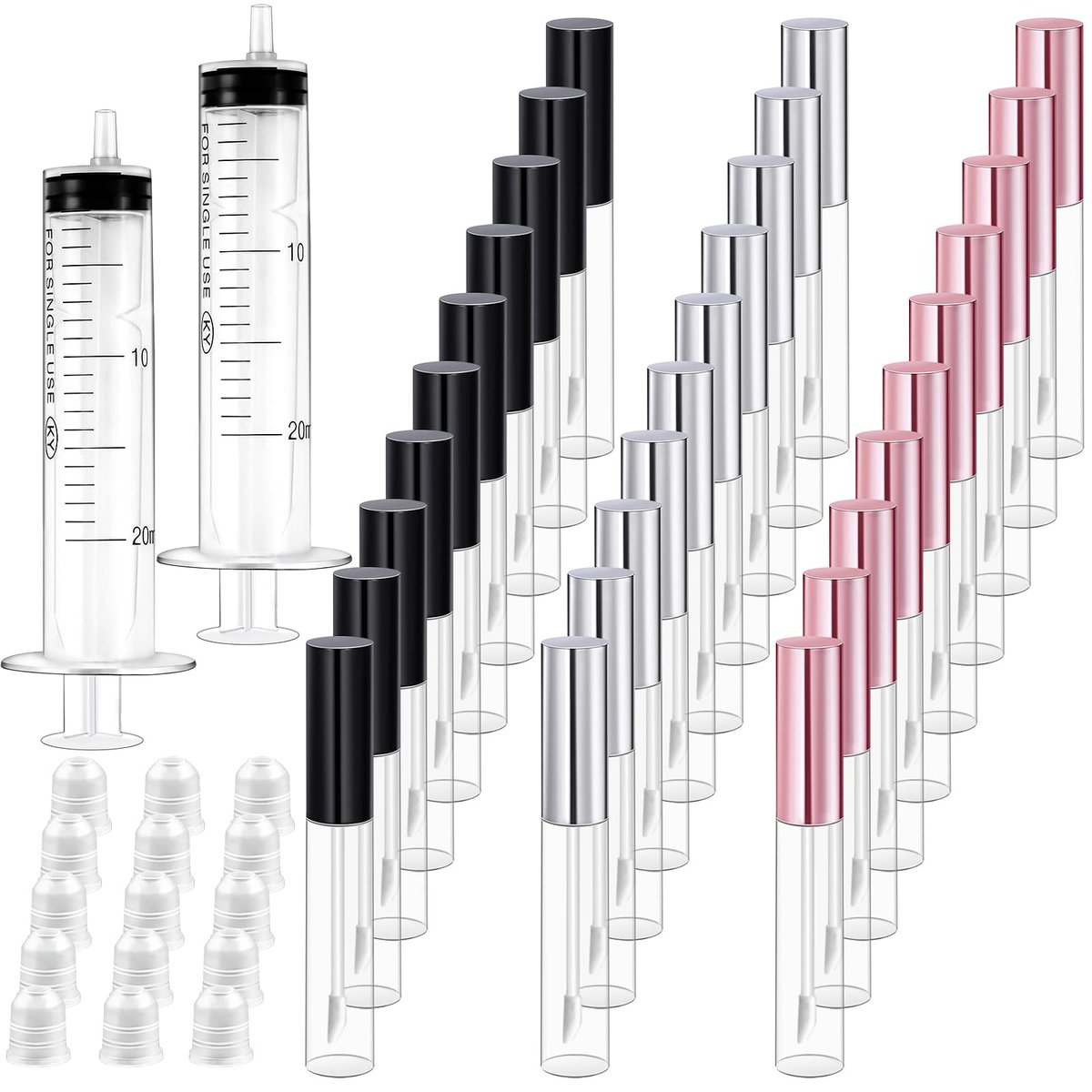 Bercoor 30er-Pack Lippenstift-Tuben, 10 ml leere nachfüllbare Lippenbalsam-Flaschen aus klarem Kunststoff mit Gummistopfen für DIY-Make-up, persönliche Kosmetik, Schwarz, Silber und Pink