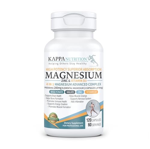 Kappa Nutrition Magnesium 4-in-1, 280 mg elementares Magnesium (Bisglycinat, Malat) + Zink & Vitamin D3, für Gehirn, Schlaf, Energie, Muskeln, Immunsystem, 120 vegane Kapseln