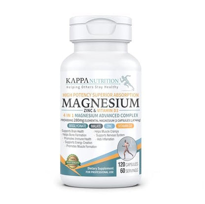Kappa Nutrition Magnesium 4-in-1, 280 mg elementares Magnesium (Bisglycinat, Malat) + Zink & Vitamin D3, für Gehirn, Schlaf, Energie, Muskeln, Immunsystem, 120 vegane Kapseln