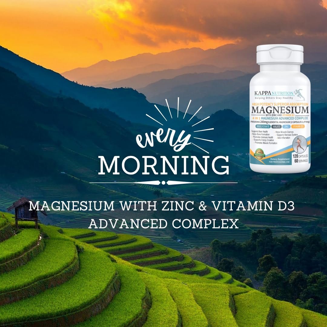 Kappa Nutrition Magnesium 4-in-1, 280 mg elementares Magnesium (Bisglycinat, Malat) + Zink & Vitamin D3, für Gehirn, Schlaf, Energie, Muskeln, Immunsystem, 120 vegane Kapseln