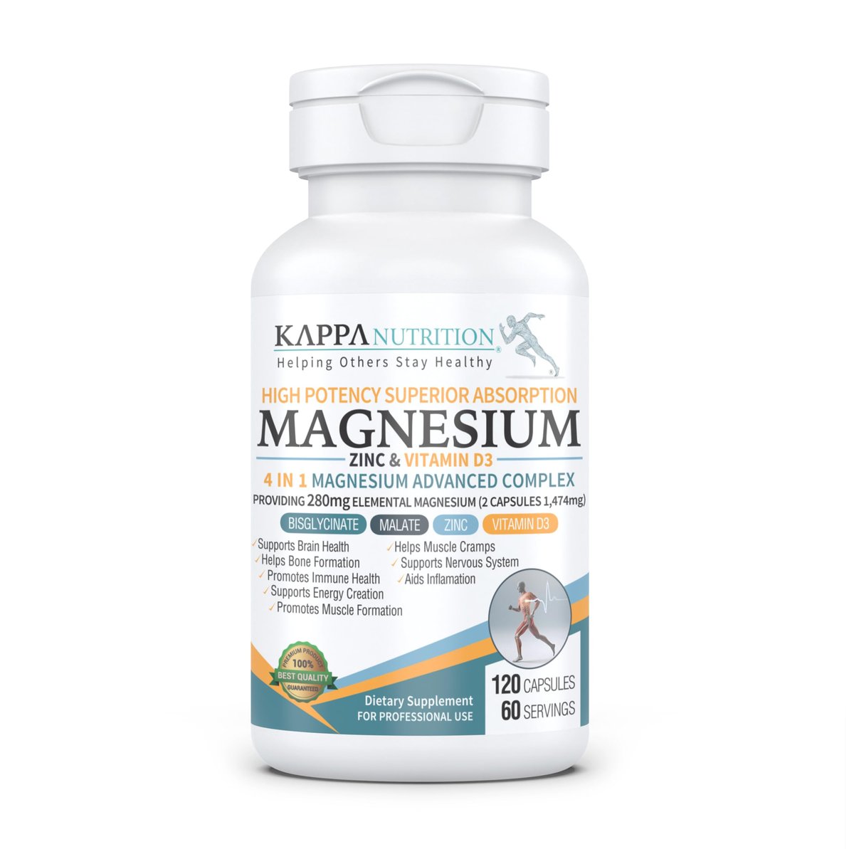 Kappa Nutrition Magnesium 4-in-1, 280 mg elementares Magnesium (Bisglycinat, Malat) + Zink & Vitamin D3, für Gehirn, Schlaf, Energie, Muskeln, Immunsystem, 120 vegane Kapseln