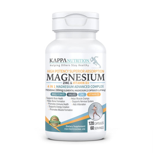 Kappa Nutrition Magnesium 4-in-1, 280 mg elementares Magnesium (Bisglycinat, Malat) + Zink & Vitamin D3, für Gehirn, Schlaf, Energie, Muskeln, Immunsystem, 120 vegane Kapseln