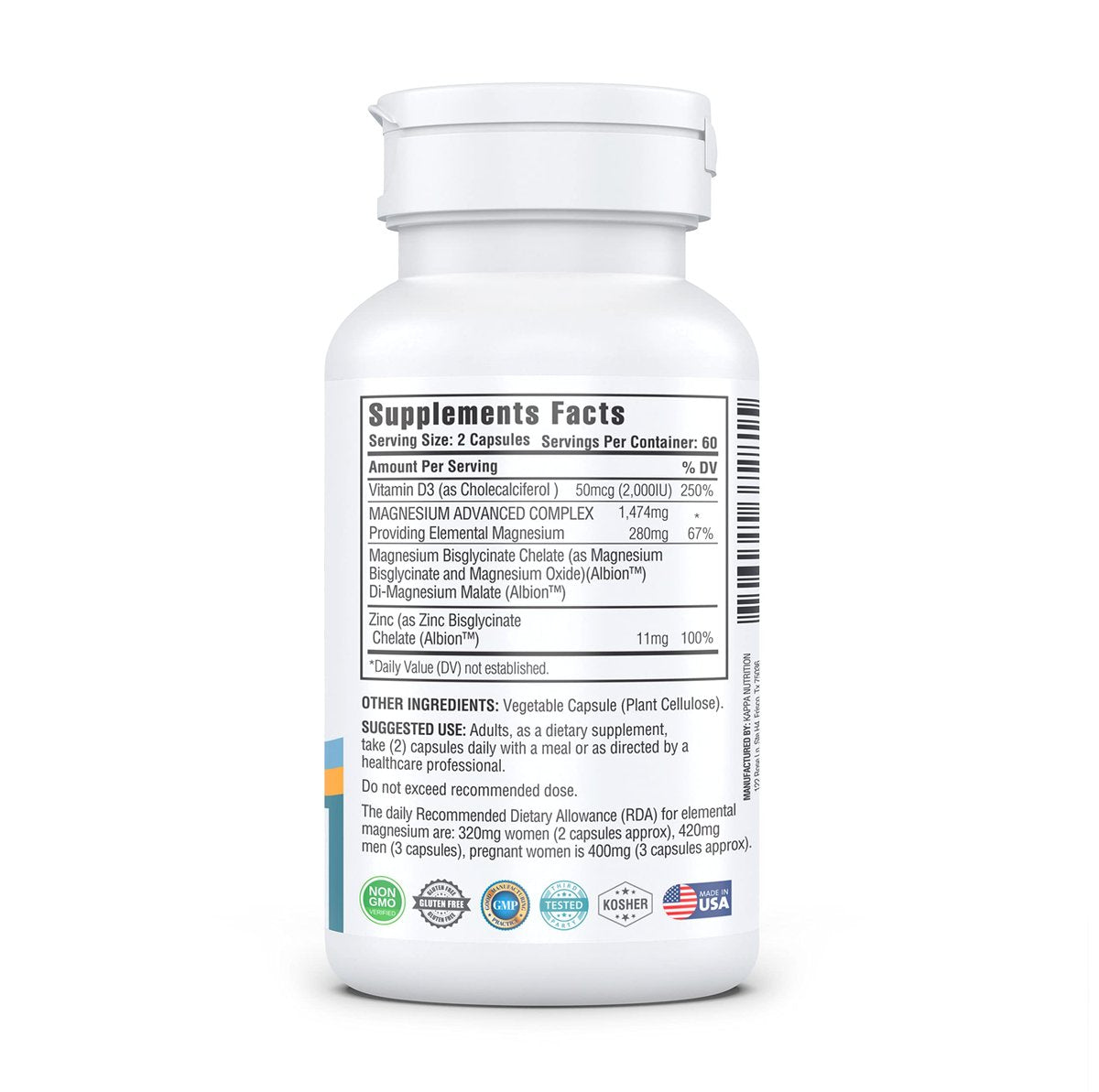 Kappa Nutrition Magnesium 4-in-1, 280 mg elementares Magnesium (Bisglycinat, Malat) + Zink & Vitamin D3, für Gehirn, Schlaf, Energie, Muskeln, Immunsystem, 120 vegane Kapseln
