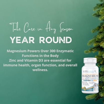 Kappa Nutrition Magnesium 4-in-1, 280 mg elementares Magnesium (Bisglycinat, Malat) + Zink & Vitamin D3, für Gehirn, Schlaf, Energie, Muskeln, Immunsystem, 120 vegane Kapseln