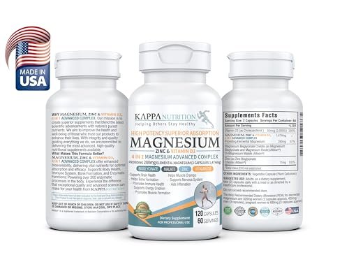 Kappa Nutrition Magnesium 4-in-1, 280 mg elementares Magnesium (Bisglycinat, Malat) + Zink & Vitamin D3, für Gehirn, Schlaf, Energie, Muskeln, Immunsystem, 120 vegane Kapseln
