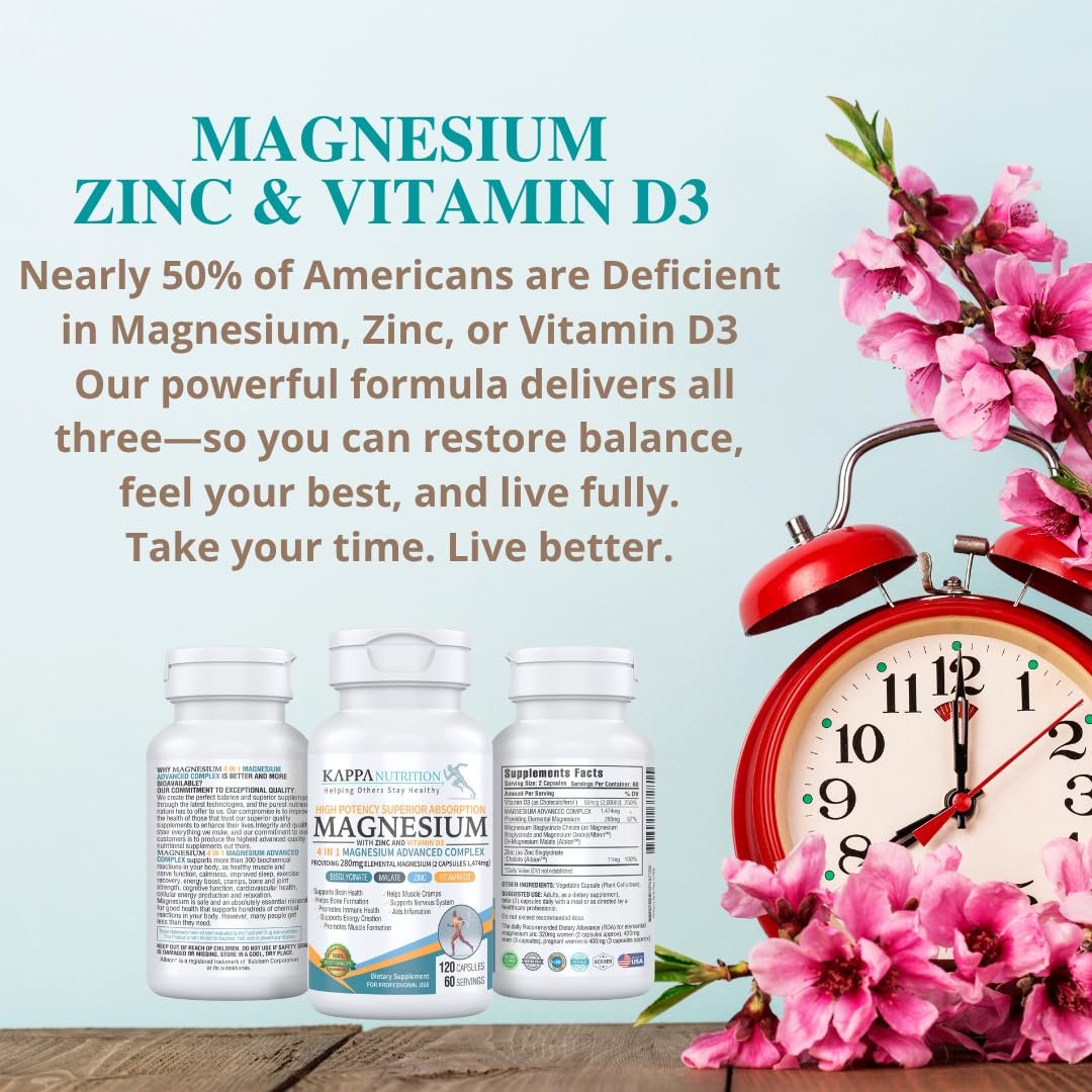 Kappa Nutrition Magnesium 4-in-1, 280 mg elementares Magnesium (Bisglycinat, Malat) + Zink & Vitamin D3, für Gehirn, Schlaf, Energie, Muskeln, Immunsystem, 120 vegane Kapseln