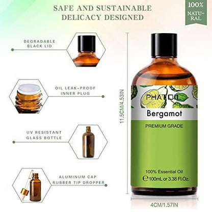 PHATOIL Bergamot Öl 100 ml – Ätherisches Öl für Aromatherapie-Diffuser, Luftbefeuchter, DIY Kerzen- und Seifenherstellung