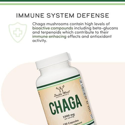 Chaga Pilze Kapseln 120 Stück (1.000 mg Chaga-Pilzpulver pro Portion) – Reich an Polysacchariden, Beta-Glucanen und Terpenoiden – Angebaut und hergestellt in den USA, vegan, Bio von Double Wood