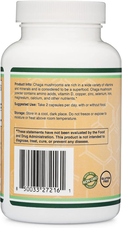 Chaga Pilze Kapseln 120 Stück (1.000 mg Chaga-Pilzpulver pro Portion) – Reich an Polysacchariden, Beta-Glucanen und Terpenoiden – Angebaut und hergestellt in den USA, vegan, Bio von Double Wood