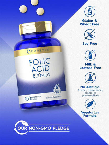Carlyle Folsäure 800 mcg Tabletten | 400 Stück | Vegetarisch, Nicht-GVO, Glutenfrei