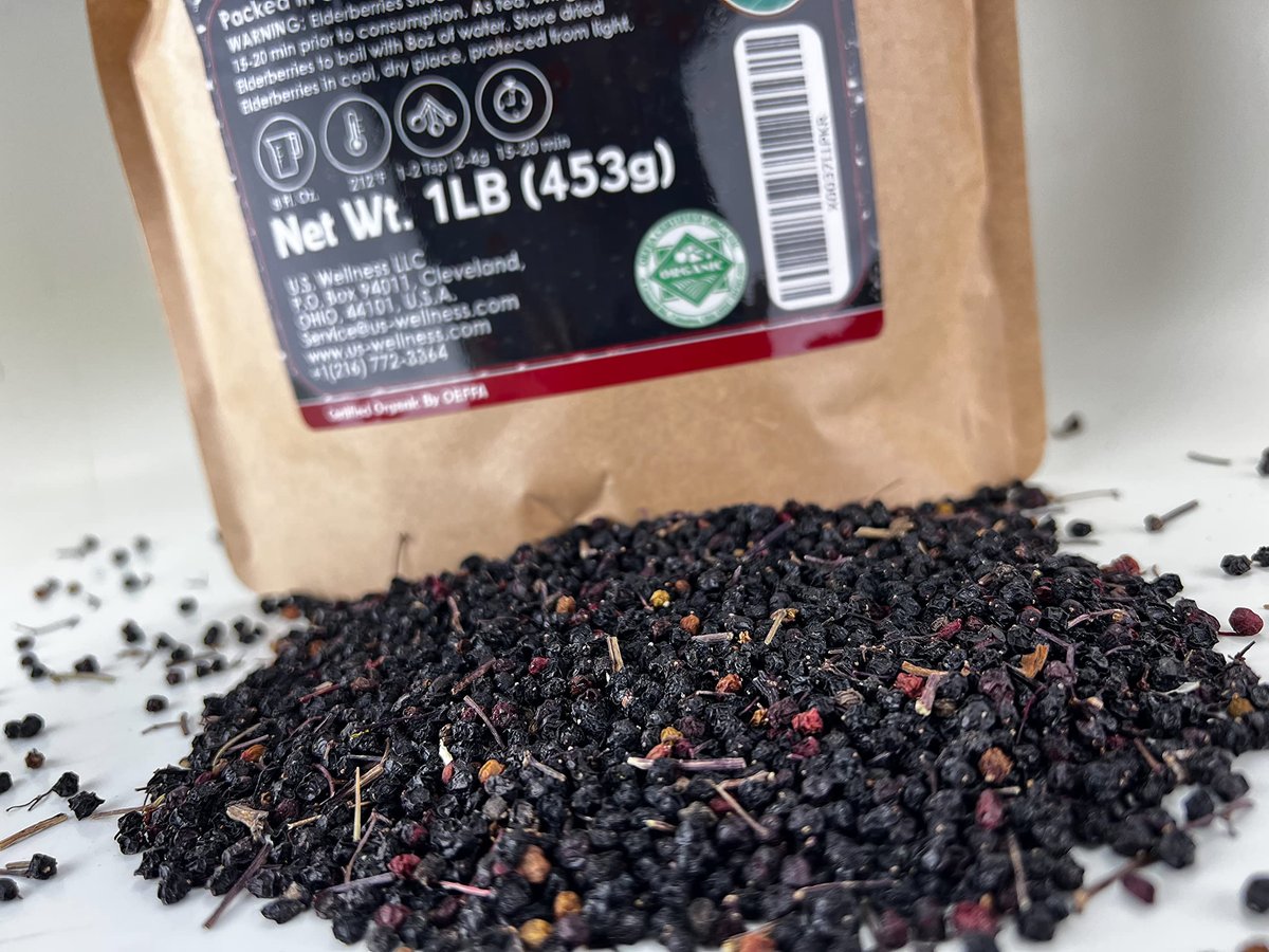 U.S. Wellness Naturals Holunderbeeren – 1lb (echte Wildsammlung) | 100% USDA zertifiziert bio | Getrocknete schwarze Holunderbeeren in Bulk | Für Holundersirup, Gummibärchen, Tee – Roh, vegan, Sambucus Nigra