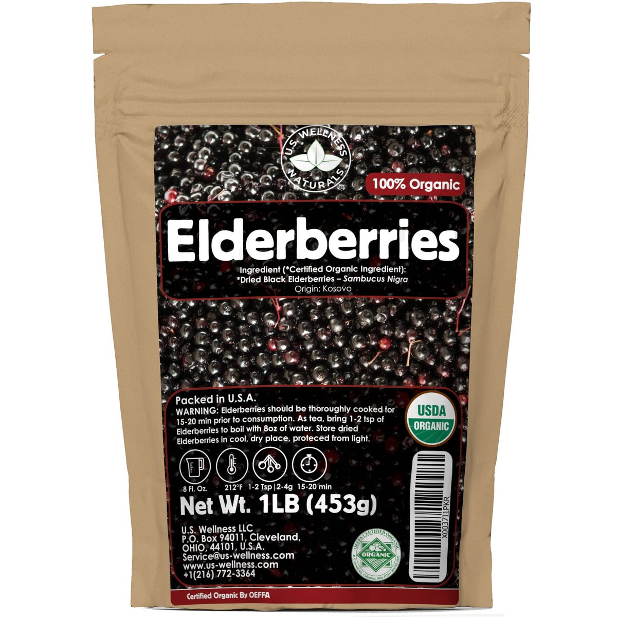 U.S. Wellness Naturals Holunderbeeren – 1lb (echte Wildsammlung) | 100% USDA zertifiziert bio | Getrocknete schwarze Holunderbeeren in Bulk | Für Holundersirup, Gummibärchen, Tee – Roh, vegan, Sambucus Nigra
